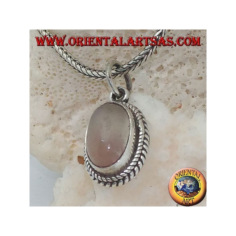 Silver pendant with an elongated oval moonstone surrounded by subtle weaves