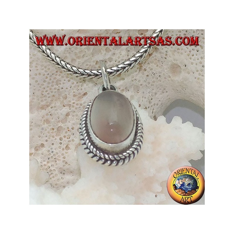 Silver pendant with an elongated oval moonstone surrounded by subtle weaves