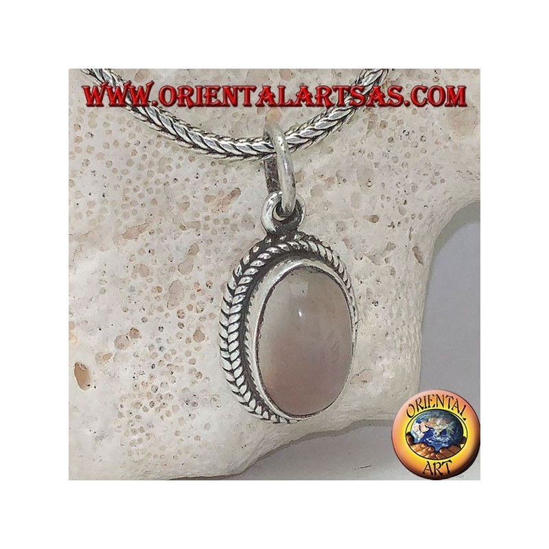 Silver pendant with an elongated oval moonstone surrounded by subtle weaves