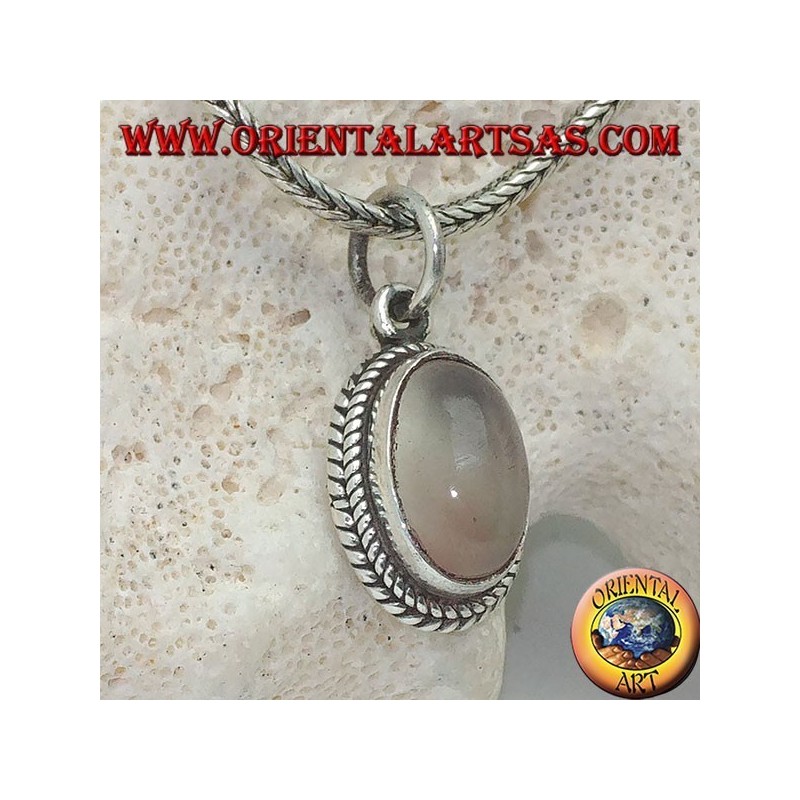 Silver pendant with an elongated oval moonstone surrounded by subtle weaves