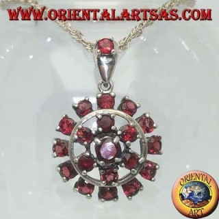 Round garnet silver pendant surrounded by a six-pointed star and a circle of garnets