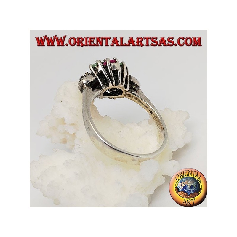 Silver hexagonal flower ring with emeralds and round natural rubies set and narcassite on the sides