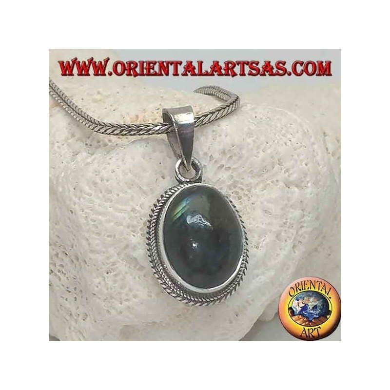 Silver pendant with oval cabochon labradorite surrounded by a thin weave
