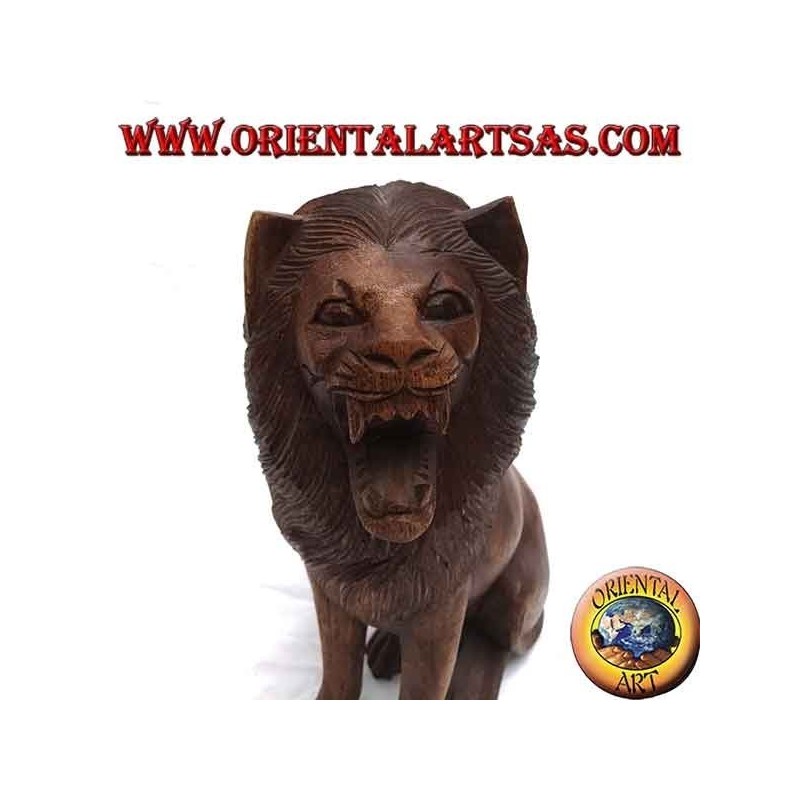 Lion sculpture seated in 30 cm Suar wood carved by hand in a single block