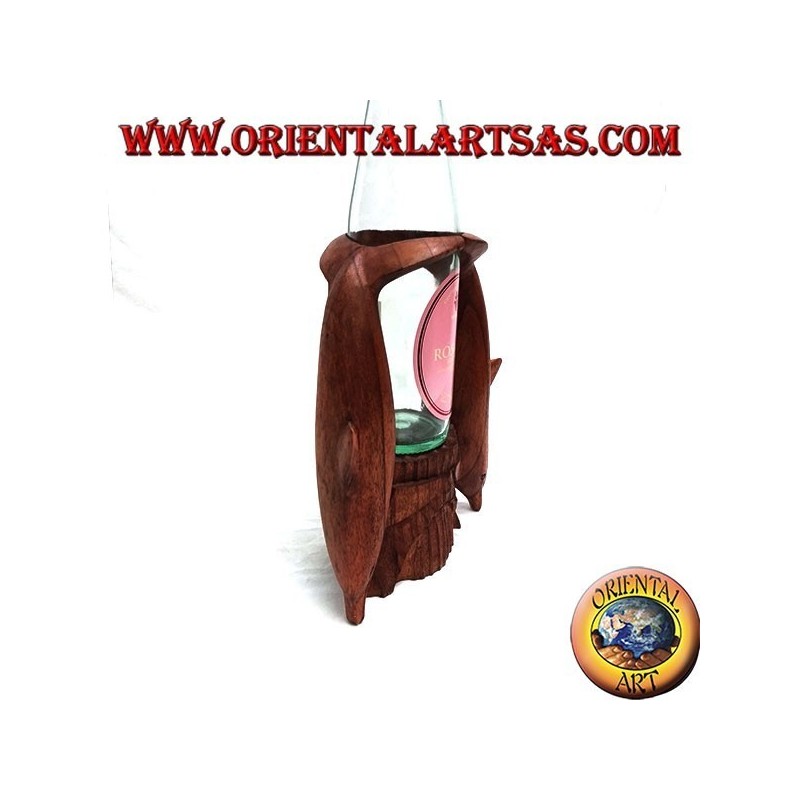 Bottle holder with sculpture of two dolphins in Suar wood acrobatics