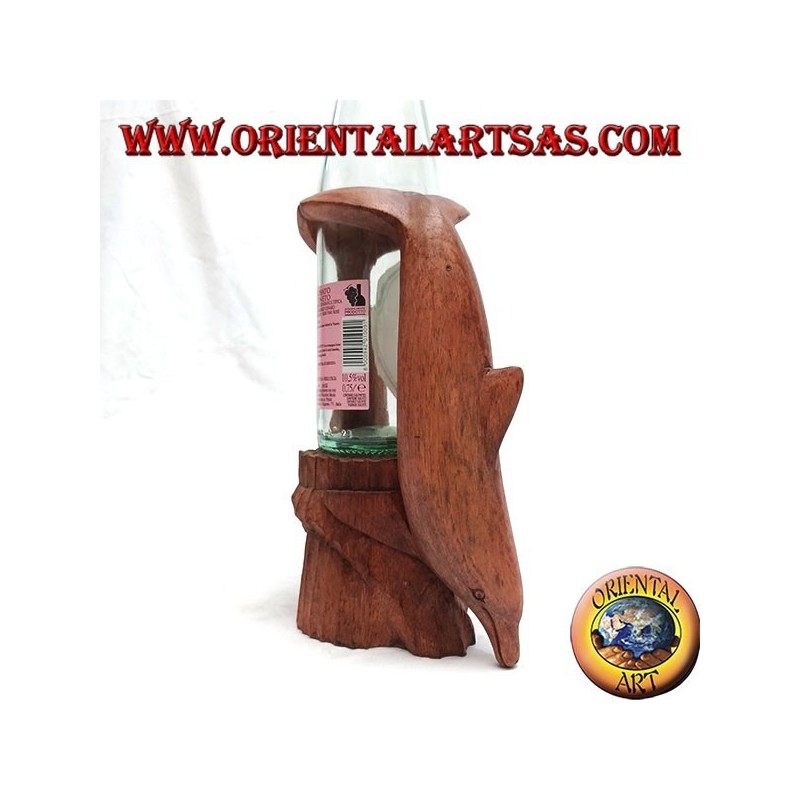 Bottle holder with sculpture of two dolphins in Suar wood acrobatics