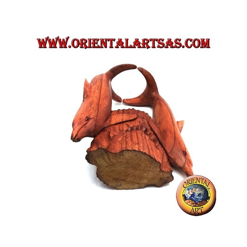 Bottle holder with sculpture of two dolphins in Suar wood acrobatics