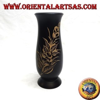 Vaso portafiori in legno di mogano con incisioni floreali da 20 cm (stretto)