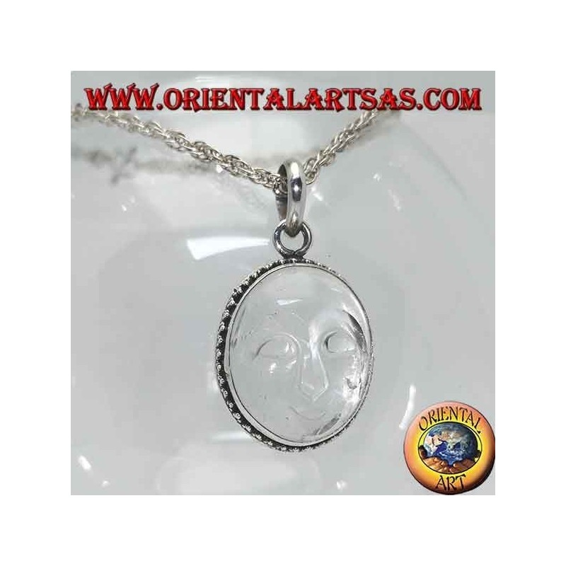 Pendentif en argent avec soleil évidé en cristal de roche et bordure ornée de points