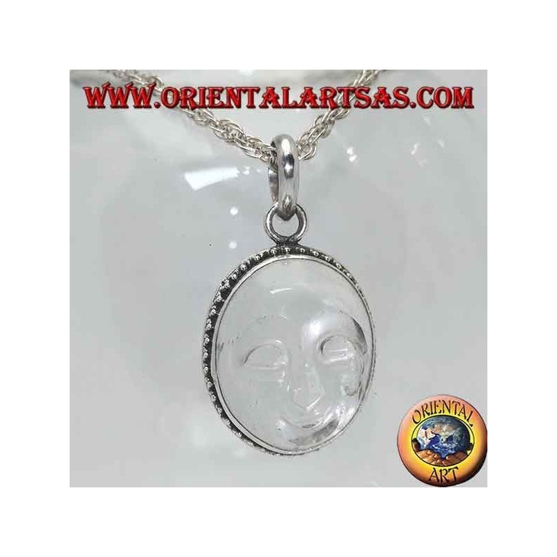 Pendentif en argent avec soleil évidé en cristal de roche et bordure ornée de points