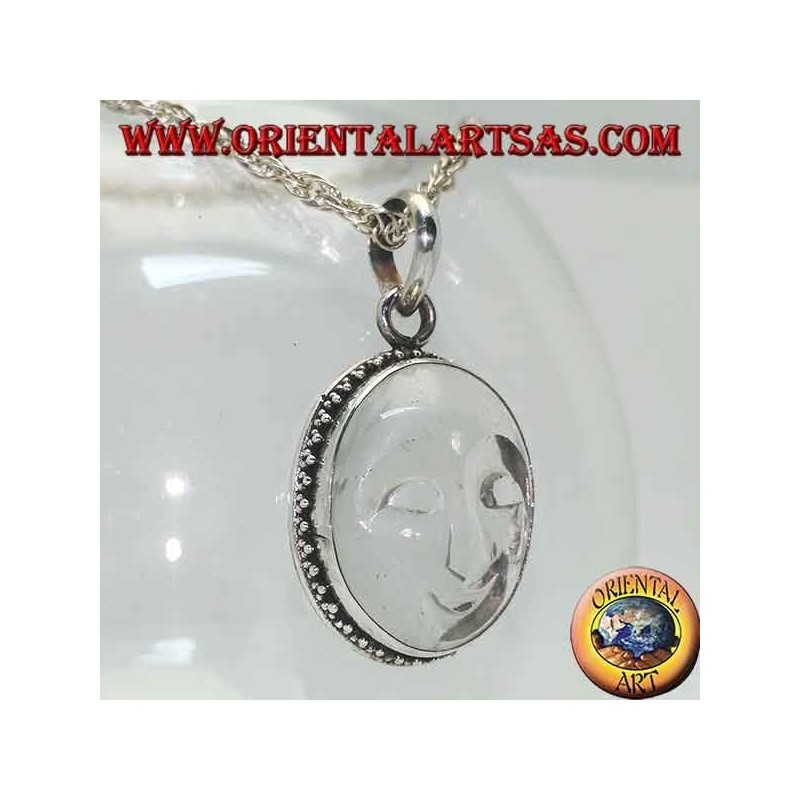 Pendentif en argent avec soleil évidé en cristal de roche et bordure ornée de points
