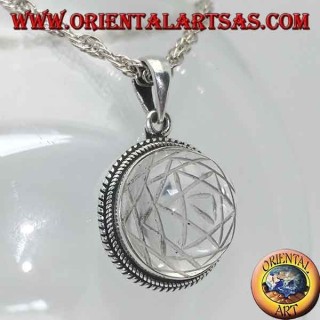 Silver pendant with Sri Yantra engraved in the round rock crystal and intertwined edge