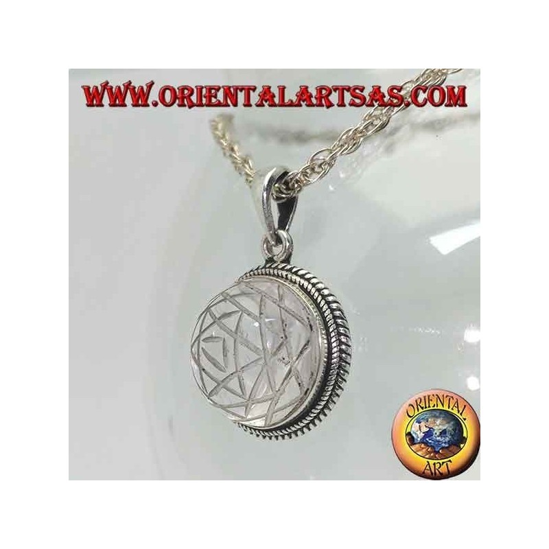 Silver pendant with Sri Yantra engraved in the round rock crystal and intertwined edge