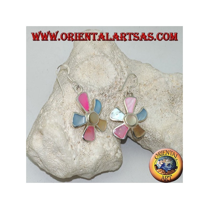 Starfish-shaped silver earrings with multicolor mother of pearl