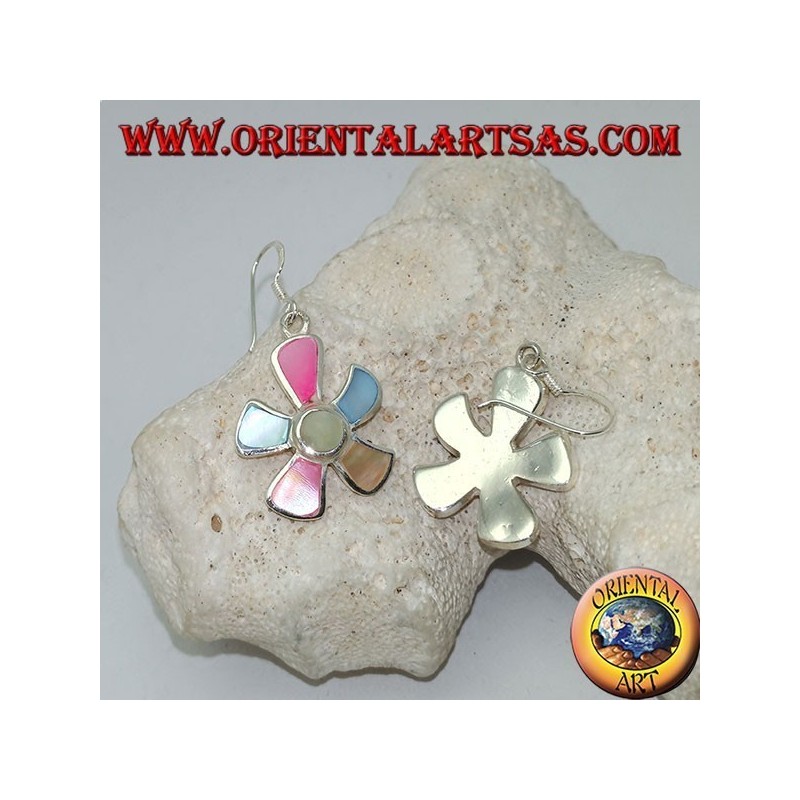 Starfish-shaped silver earrings with multicolor mother of pearl