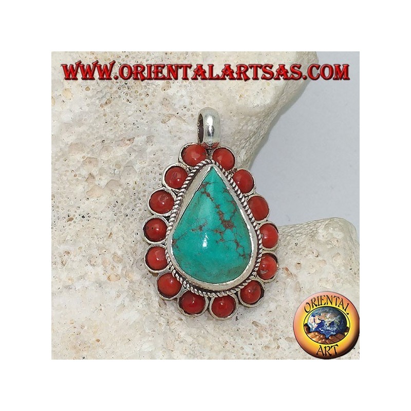 Tibetan silver pendant with natural teardrop turquoise and 14 natural corals of Ø 4mm.