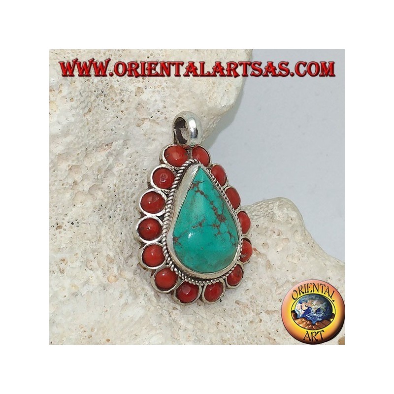 Tibetan silver pendant with natural teardrop turquoise and 14 natural corals of Ø 4mm.