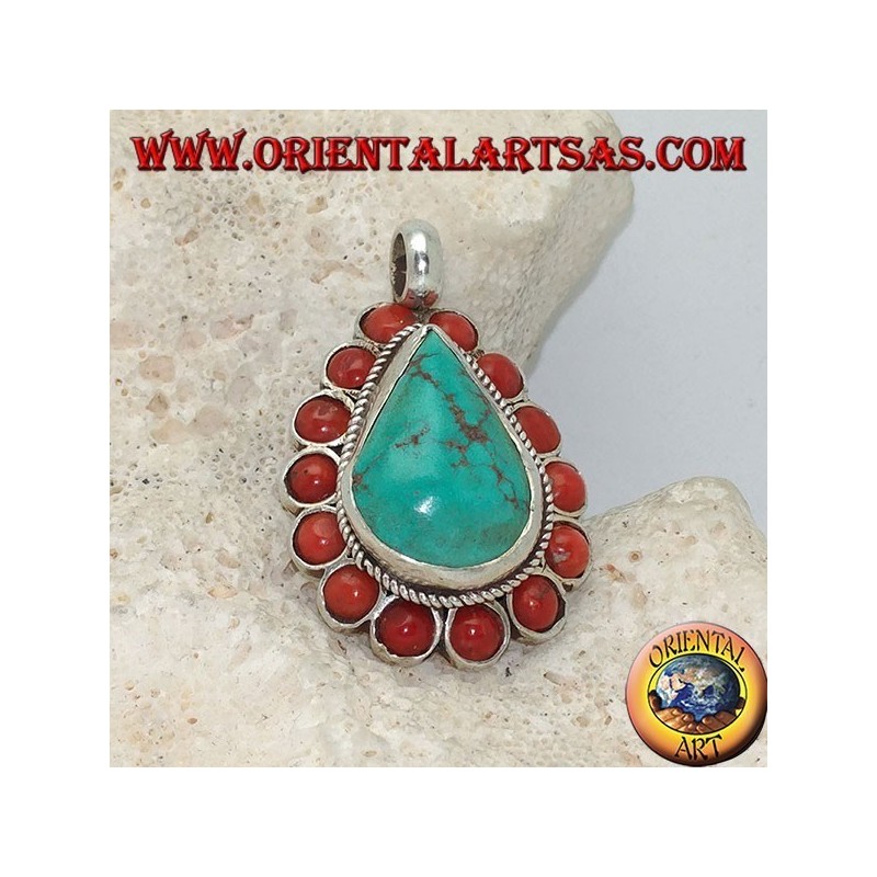 Tibetan silver pendant with natural teardrop turquoise and 14 natural corals of Ø 4mm.
