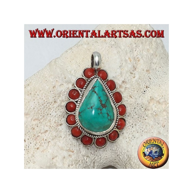 Colgante tibetano de plata con lágrima turquesa natural y 14 corales naturales de Ø 4 mm.