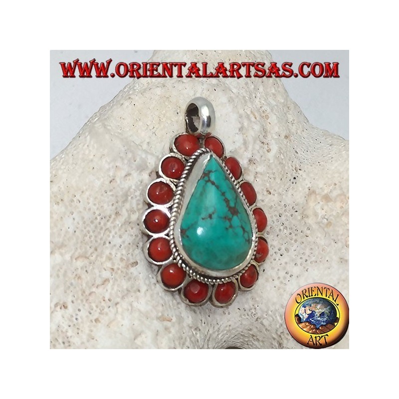 Pendentif tibétain en argent avec turquoise naturelle en forme de larme et 14 coraux naturels de Ø 4 mm.