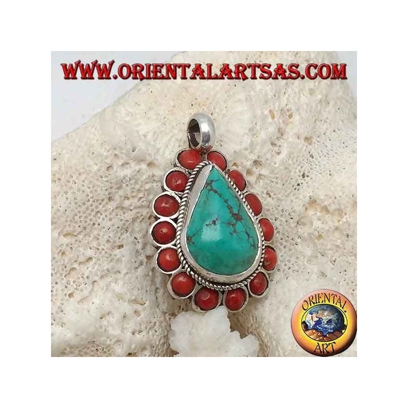 Tibetan silver pendant with natural teardrop turquoise and 14 natural corals of Ø 4mm.