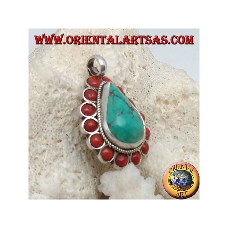 Tibetan silver pendant with natural teardrop turquoise and 14 natural corals of Ø 4mm.