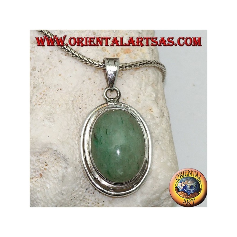Silver pendant with oval cabochon aventurine on double smooth disc