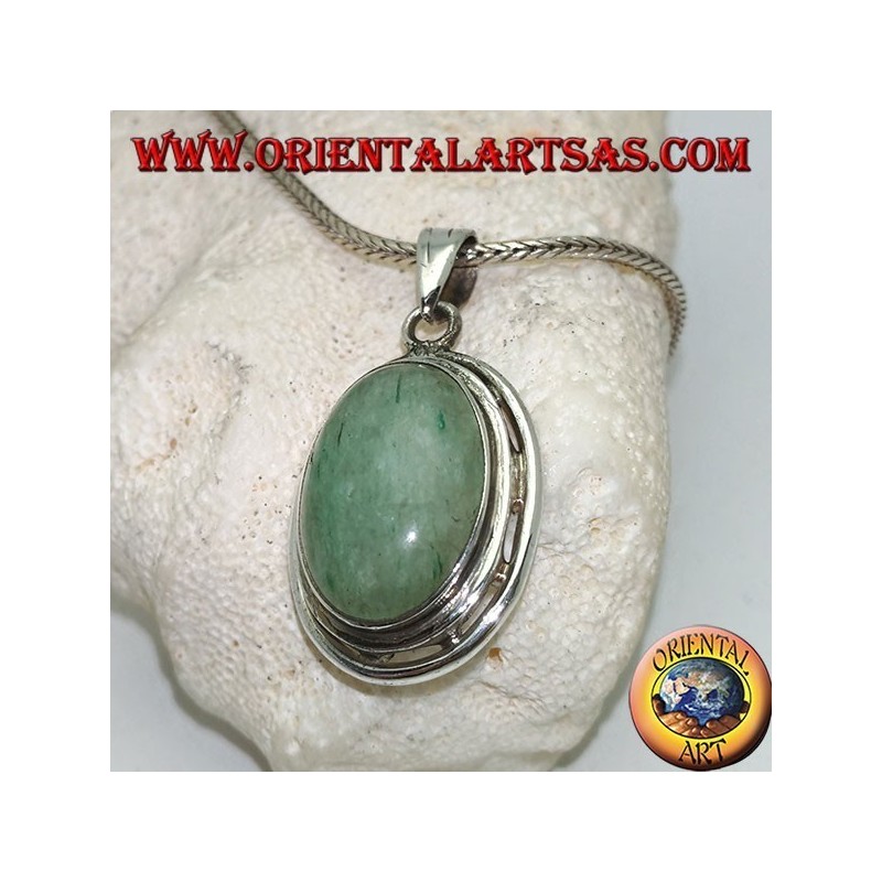 Silver pendant with oval cabochon aventurine on double smooth disc