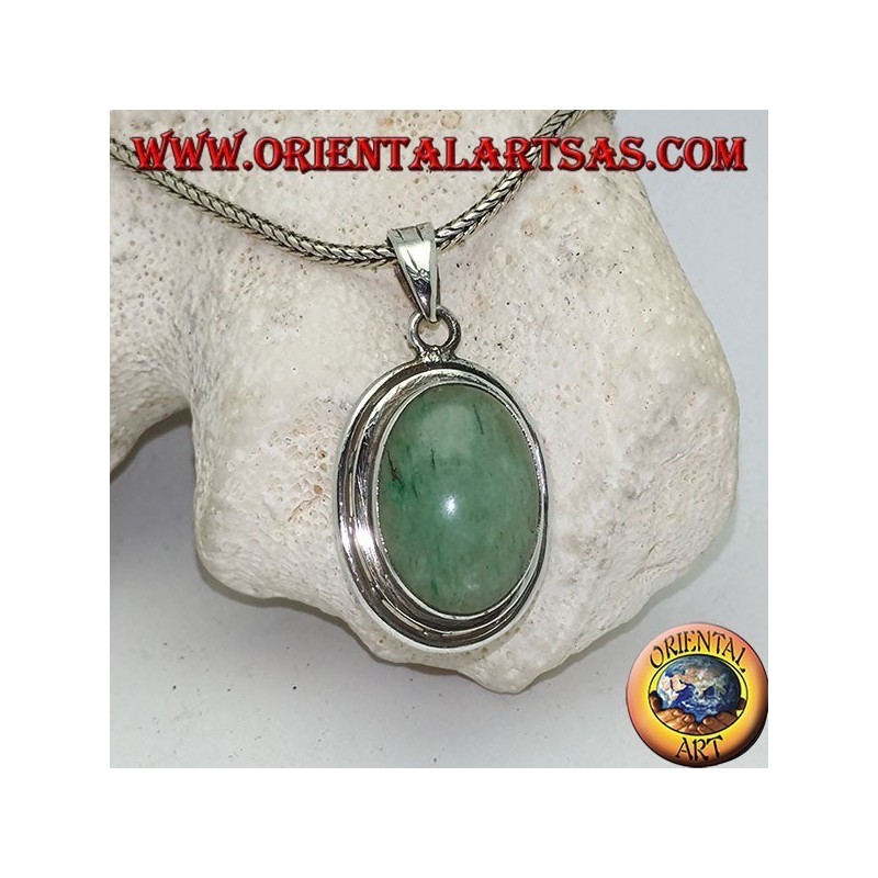 Silver pendant with oval cabochon aventurine on double smooth disc