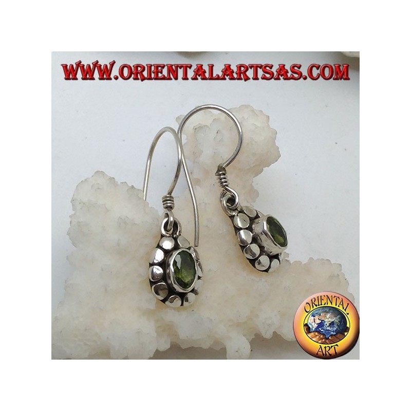 Silver earrings with natural oval peridot surrounded by discs