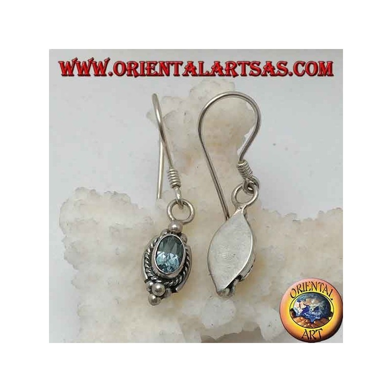 Silver earrings with natural oval blue topaz surrounded by intertwining and three balls above and below