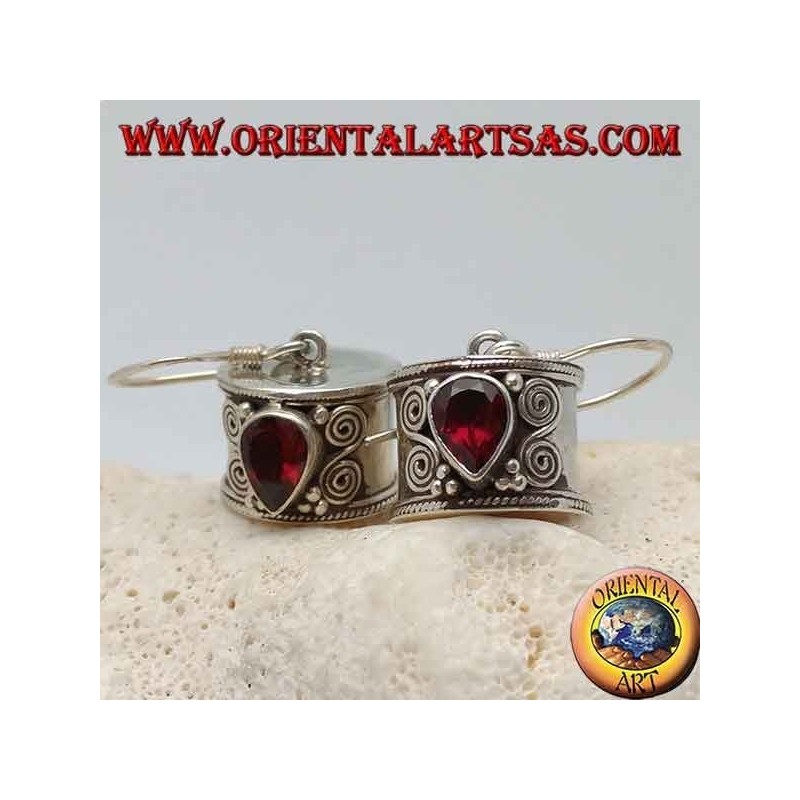 Cylinder silver earrings with inverted garnet drop with double spiral on the sides