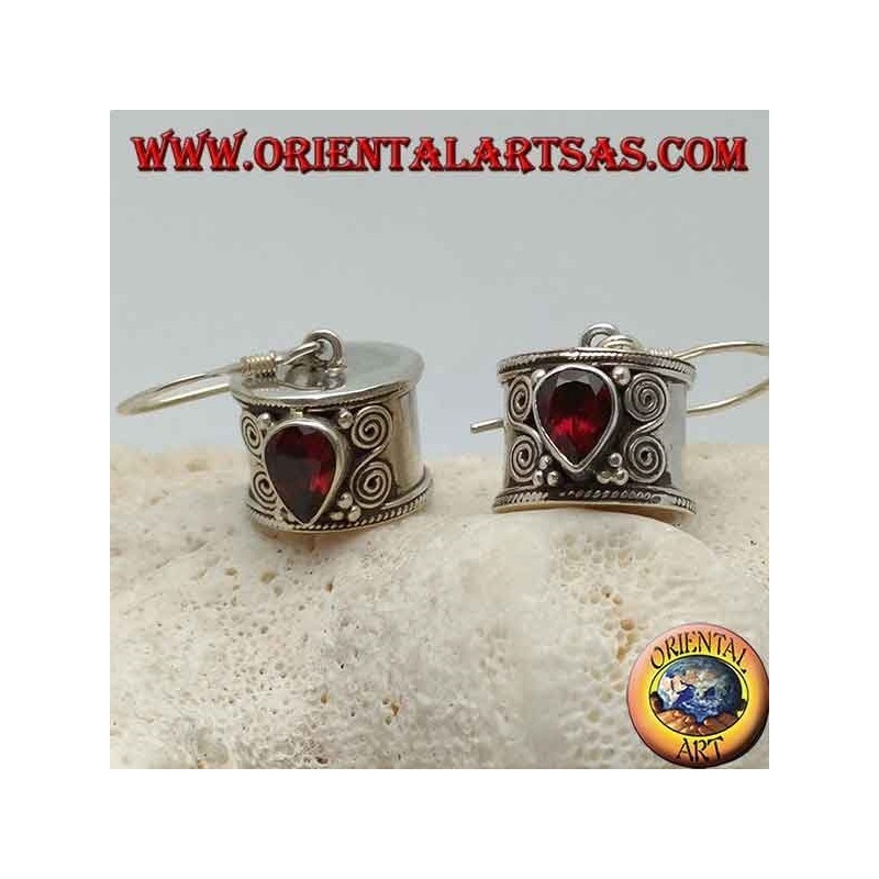 Cylinder silver earrings with inverted garnet drop with double spiral on the sides