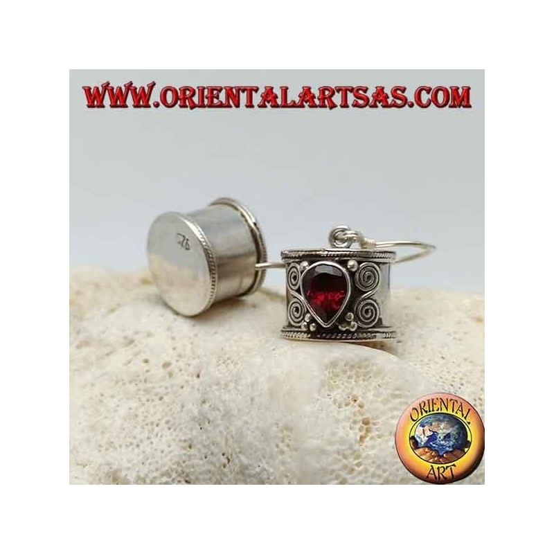 Cylinder silver earrings with inverted garnet drop with double spiral on the sides