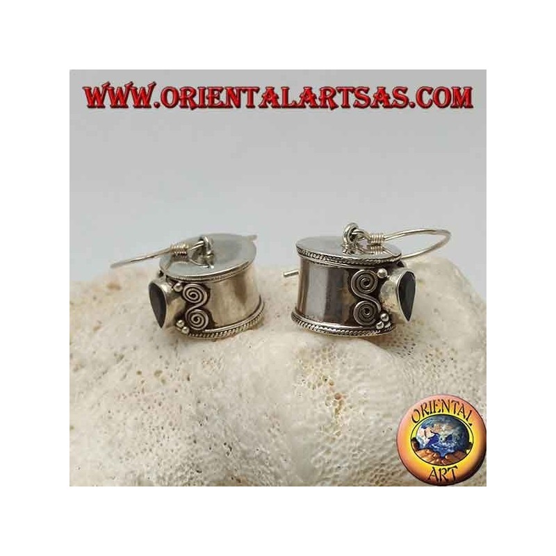 Cylinder silver earrings with inverted garnet drop with double spiral on the sides