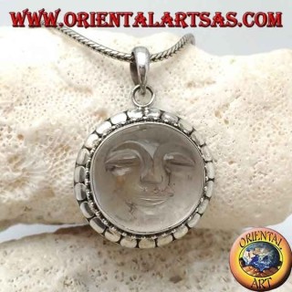 Pendentif en argent avec soleil creusé sur un cristal de roche rond et un contour de disquette