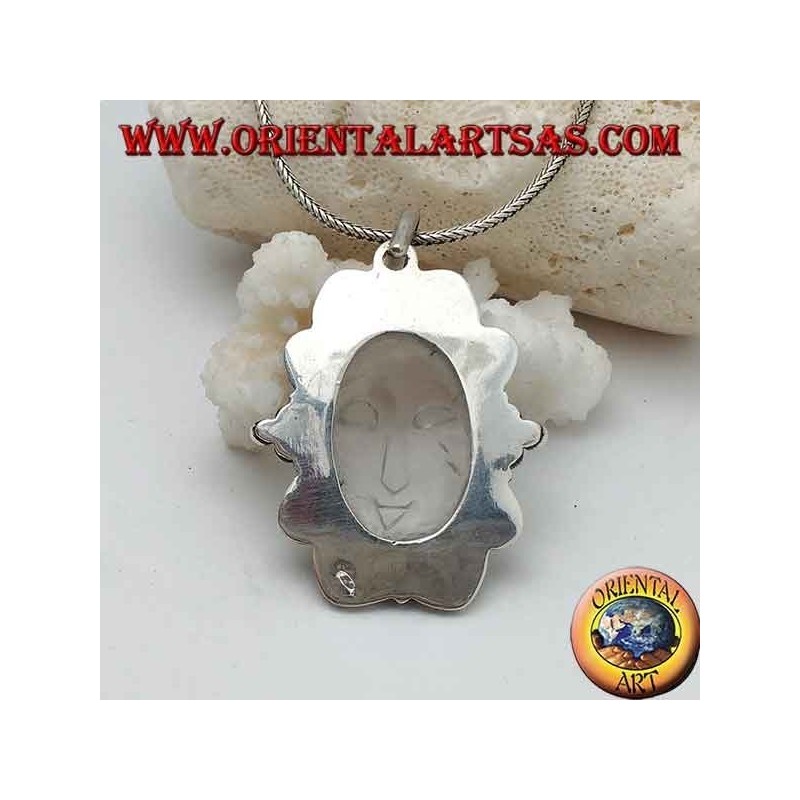 Pendentif en argent avec soleil couché sur cristal de roche ovale et bordure décorée