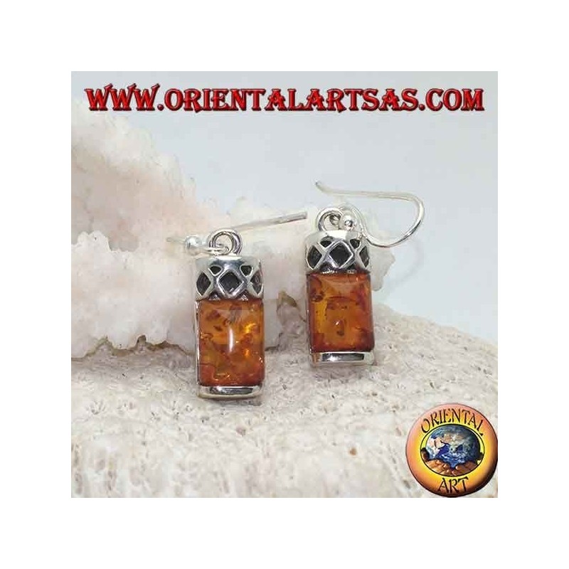 Boucles d'oreilles argent avec cabochon ambre rectangulaire et argent avec trois losanges perforés dessus