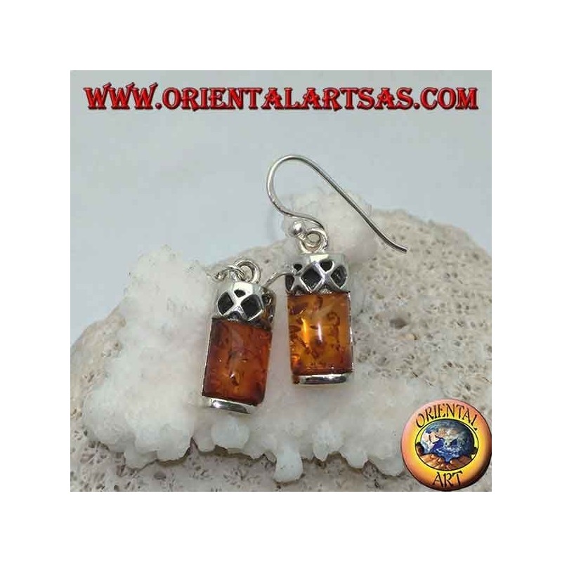 Boucles d'oreilles argent avec cabochon ambre rectangulaire et argent avec trois losanges perforés dessus
