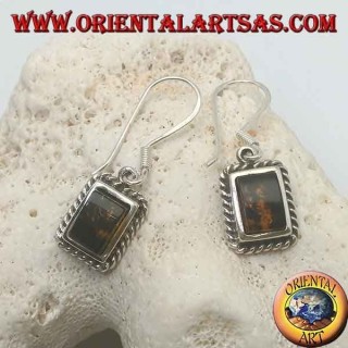 Silver earrings with rectangular amber framed by a weave