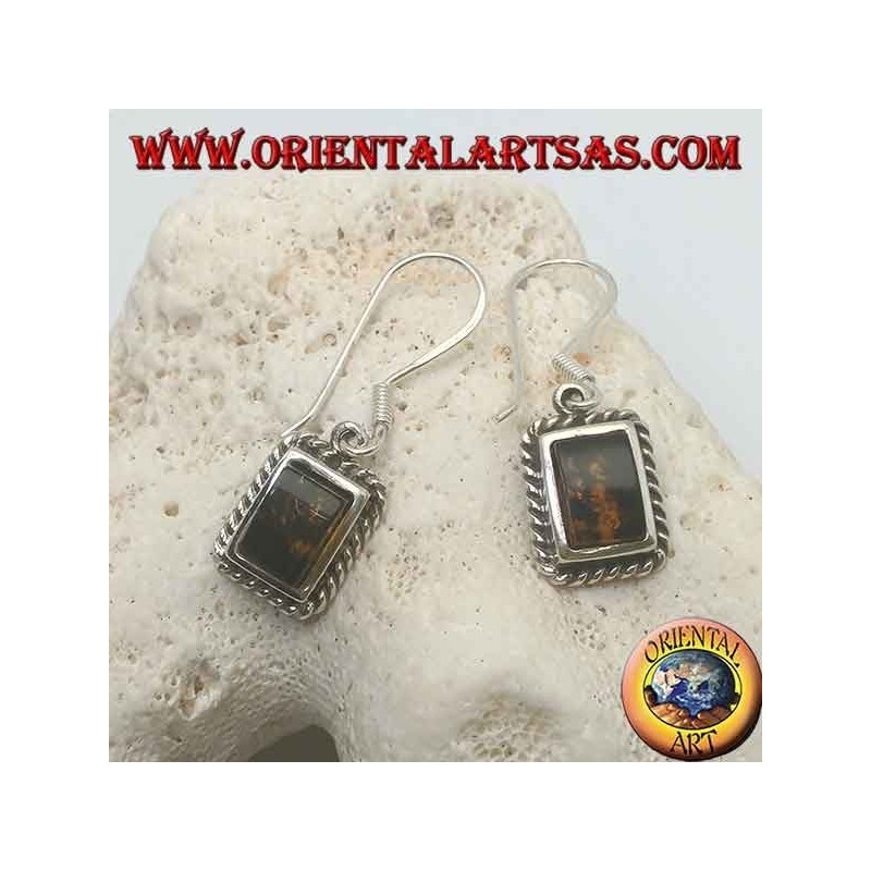 Silver earrings with rectangular amber framed by a weave