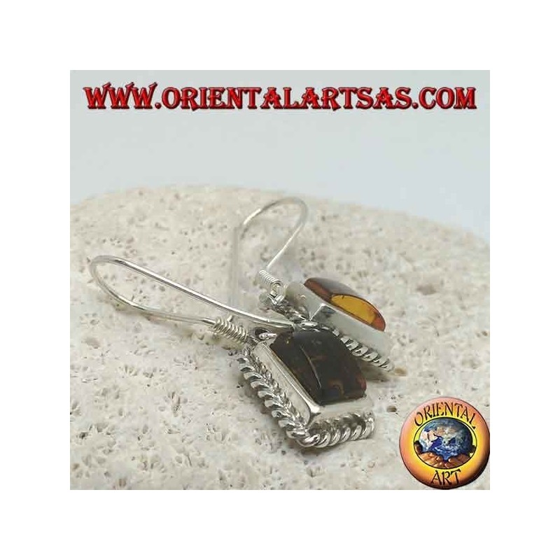 Silver earrings with rectangular amber framed by a weave