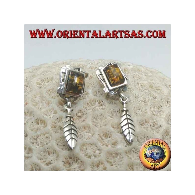 Boucles d'oreilles en argent avec ambre naturel encadré rectangulaire et plume pendant