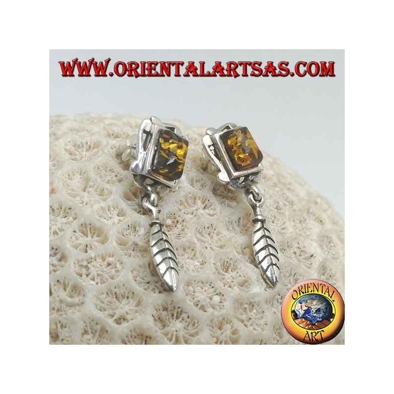 Boucles d'oreilles en argent avec ambre naturel encadré rectangulaire et plume pendant