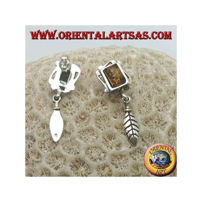 Silver earrings with natural amber, rectangular frame and hanging feather