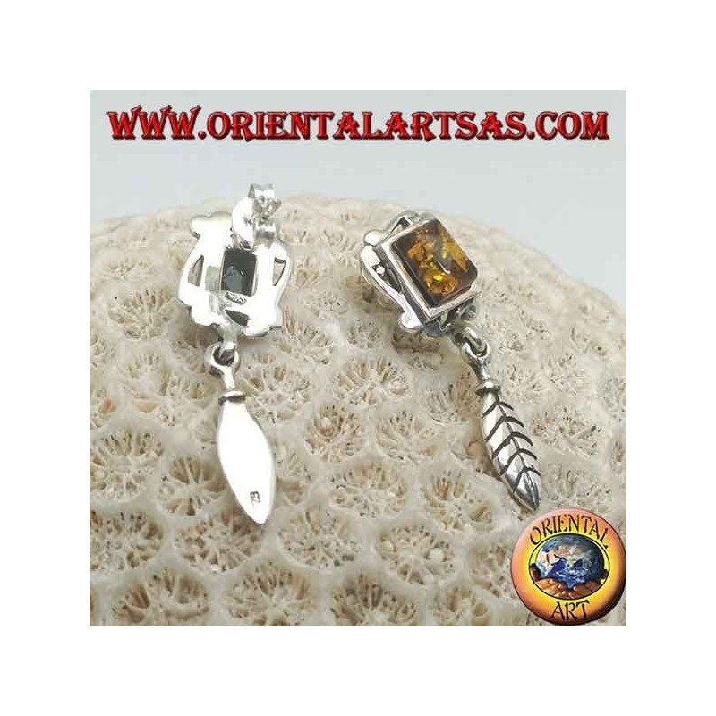 Silver earrings with natural amber, rectangular frame and hanging feather