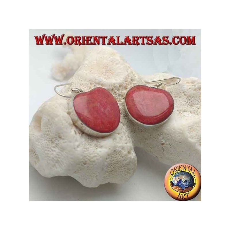 Boucles d'oreilles en argent avec madrepora rouge en forme de coeur (corail)