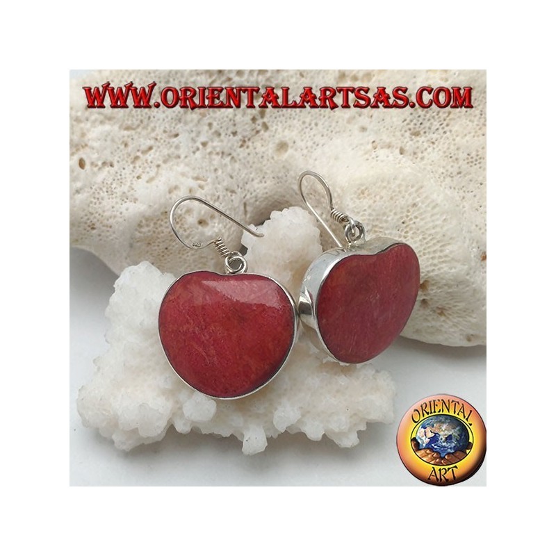 Pendientes de plata con madrepora roja en forma de corazón (coral)