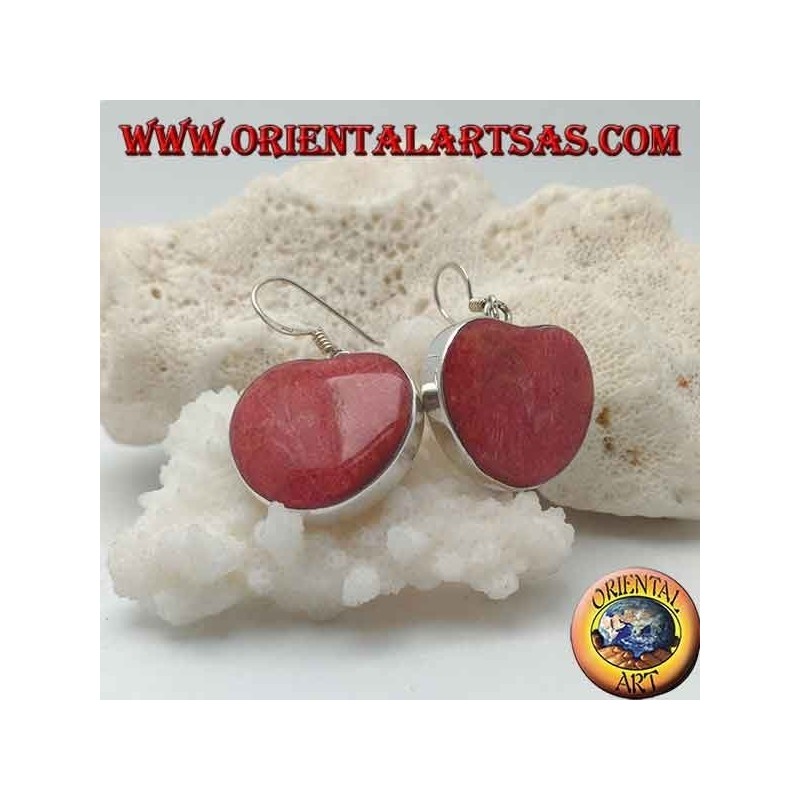 Boucles d'oreilles en argent avec madrepora rouge en forme de coeur (corail)