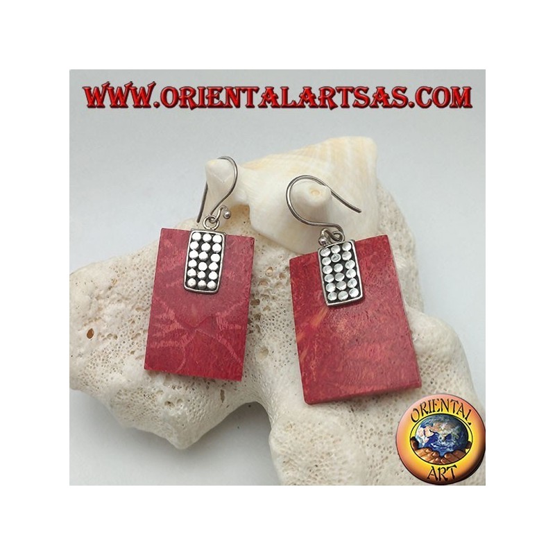Silver earrings with rectangular madrepora red (coral) and plate of silver discs